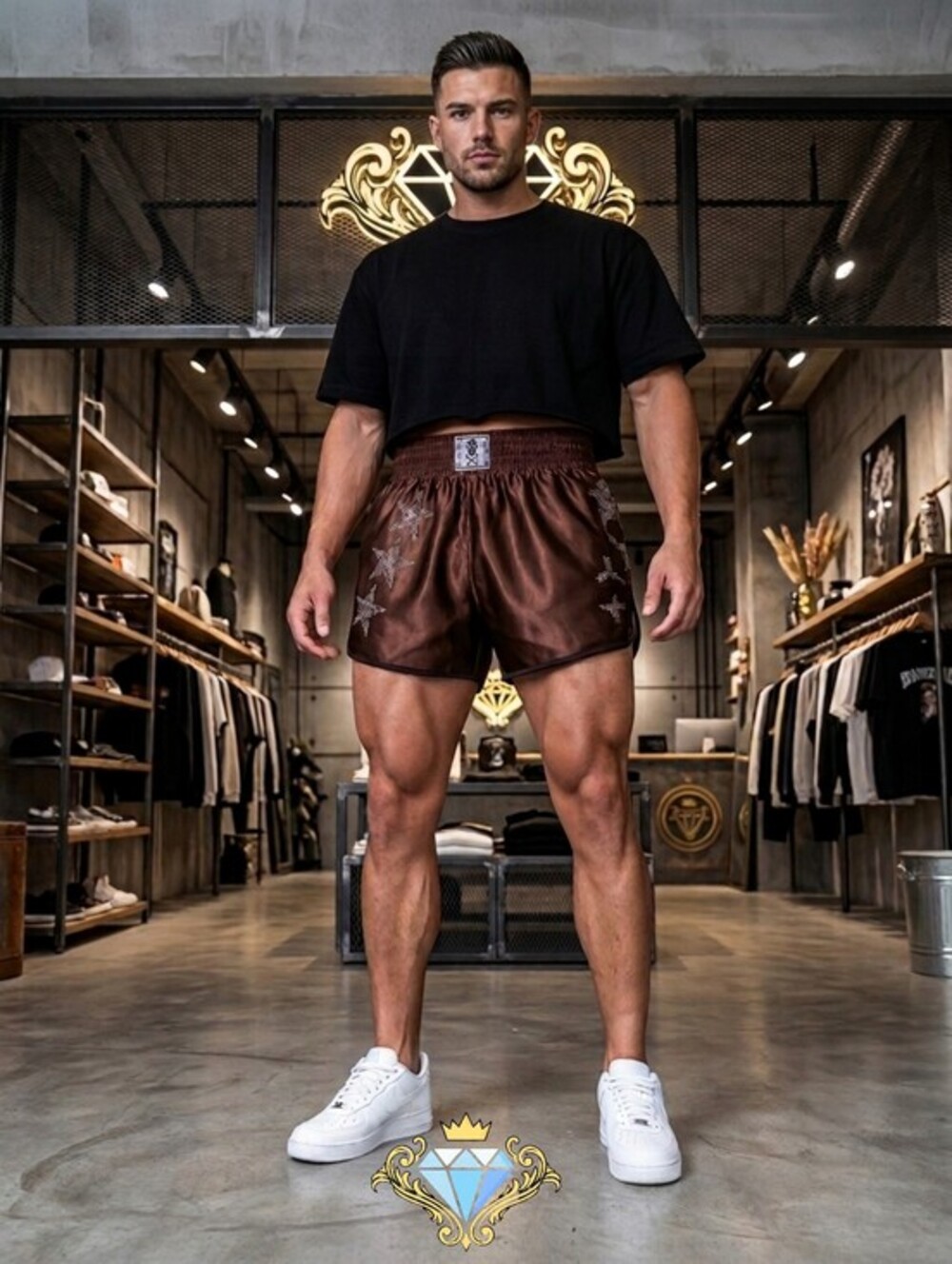 ROMWE Men’s Rhinestone Star Shorts Chocolate Brown XL EUC Streetwear